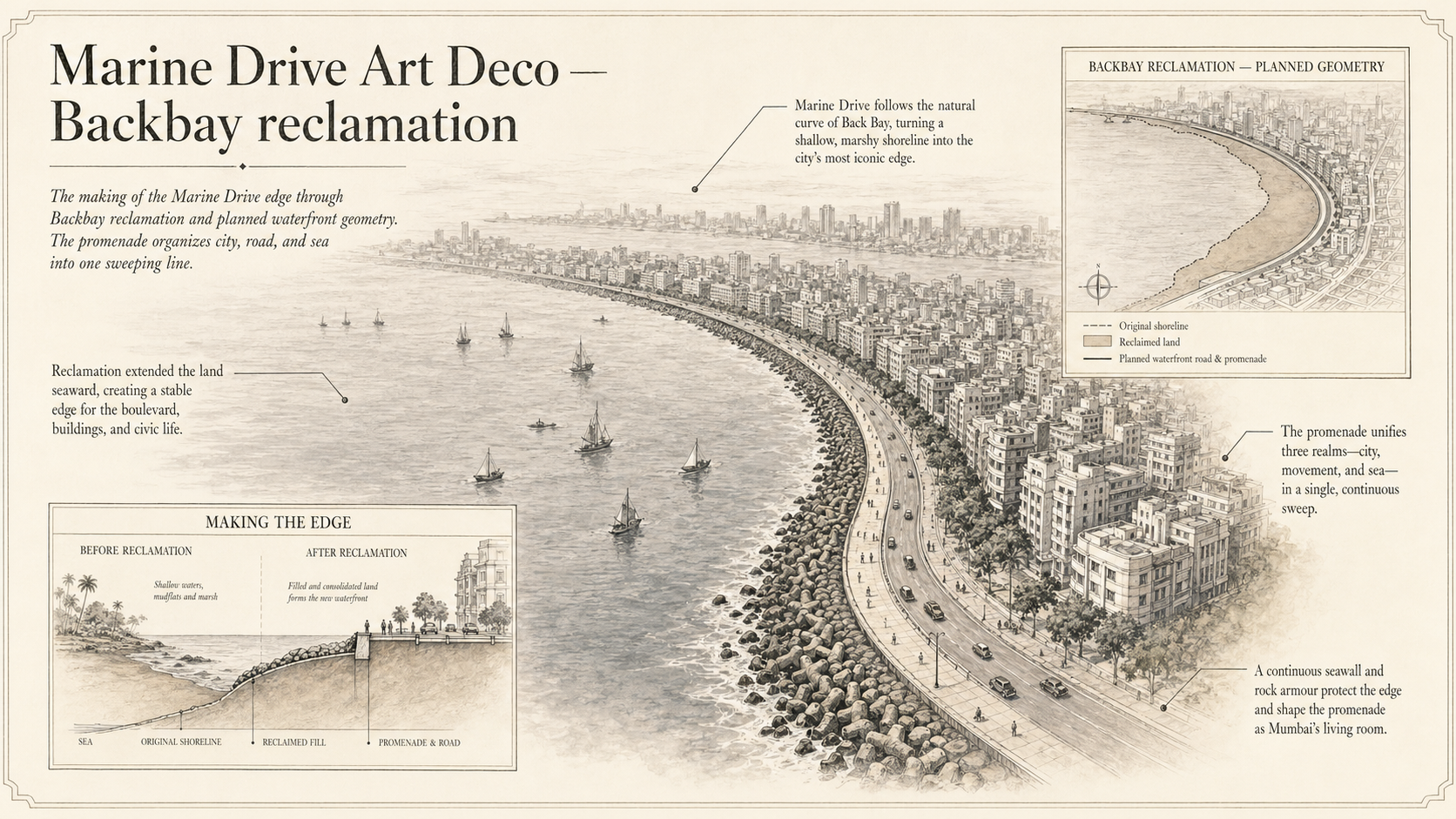 Marine Drive Art Deco deep diagram plate: Backbay reclamation.