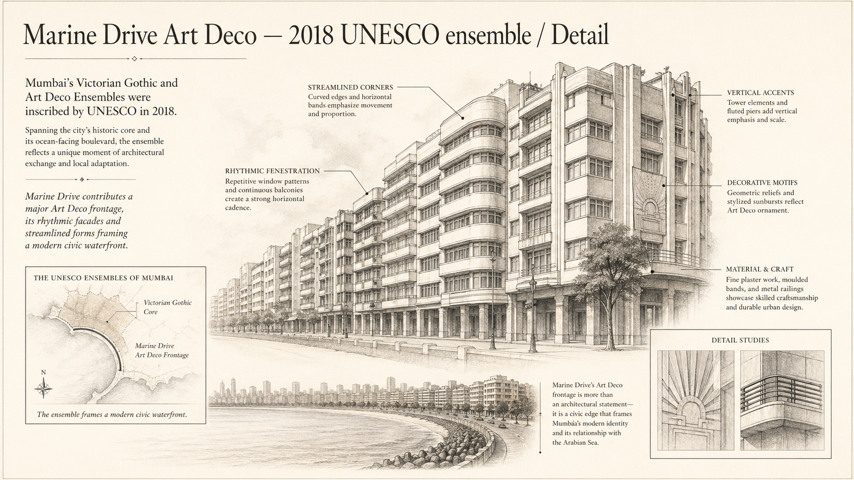 Marine Drive Art Deco deep diagram plate: 2018 UNESCO ensemble / Detail.