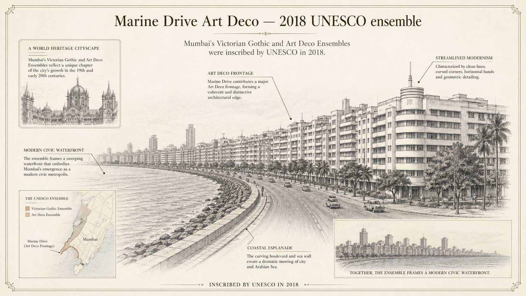 Marine Drive Art Deco deep diagram plate: 2018 UNESCO ensemble.
