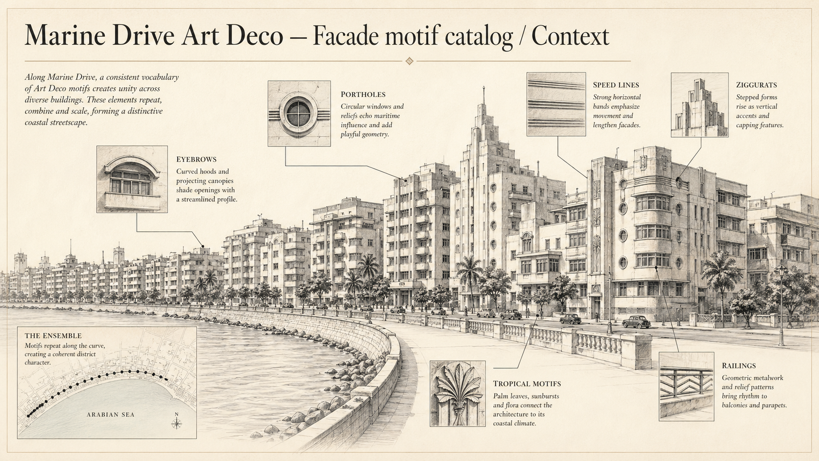 Marine Drive Art Deco deep diagram plate: Facade motif catalog / Context.