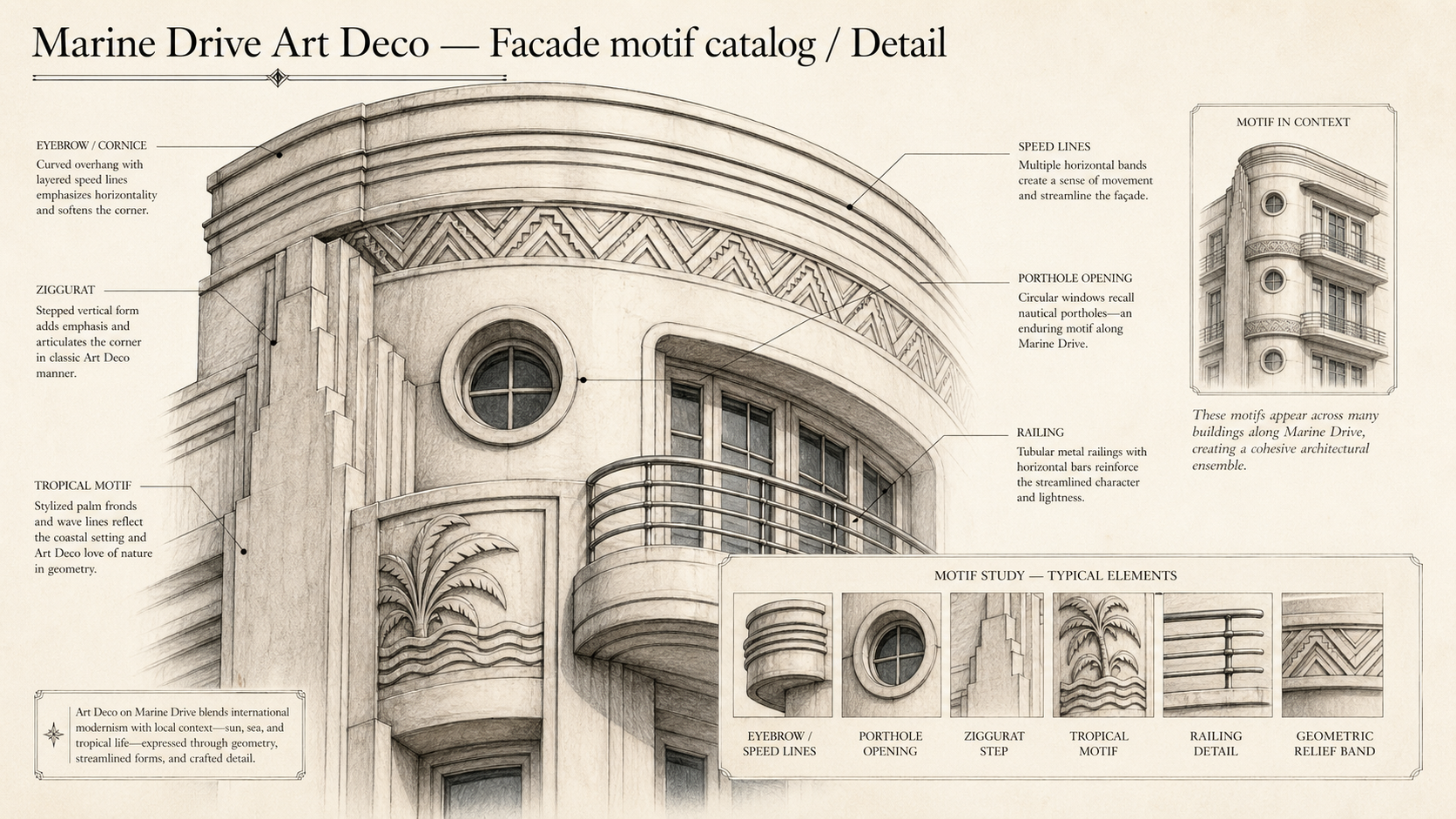 Marine Drive Art Deco deep diagram plate: Facade motif catalog / Detail.