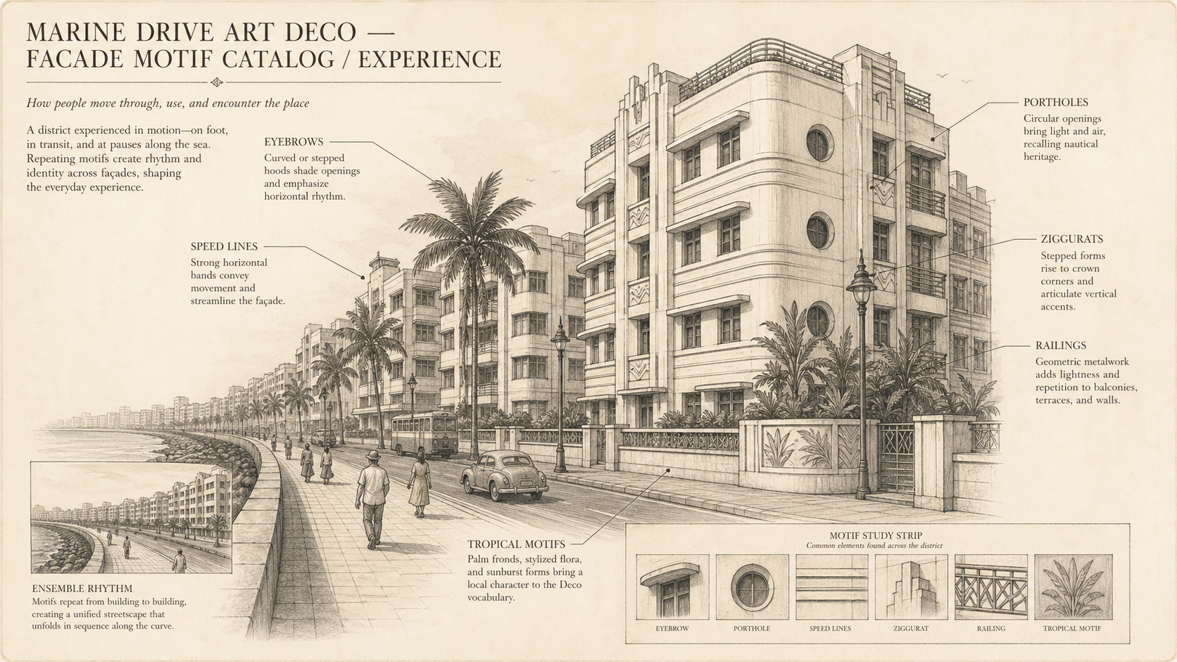 Marine Drive Art Deco deep diagram plate: Facade motif catalog / Experience.