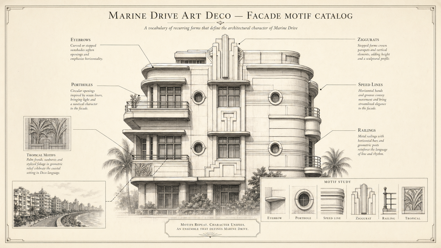 Marine Drive Art Deco deep diagram plate: Facade motif catalog.