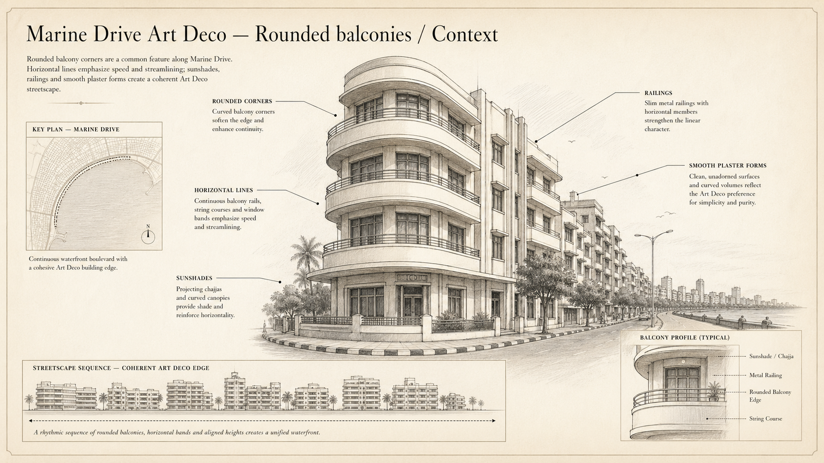 Marine Drive Art Deco deep diagram plate: Rounded balconies / Context.