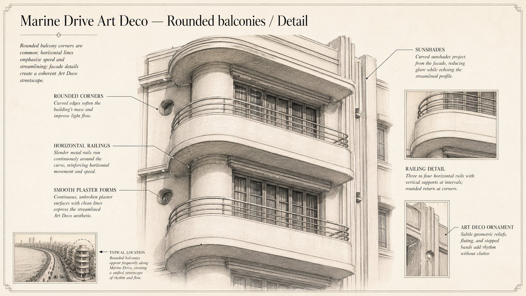 Marine Drive Art Deco deep diagram plate: Rounded balconies / Detail.