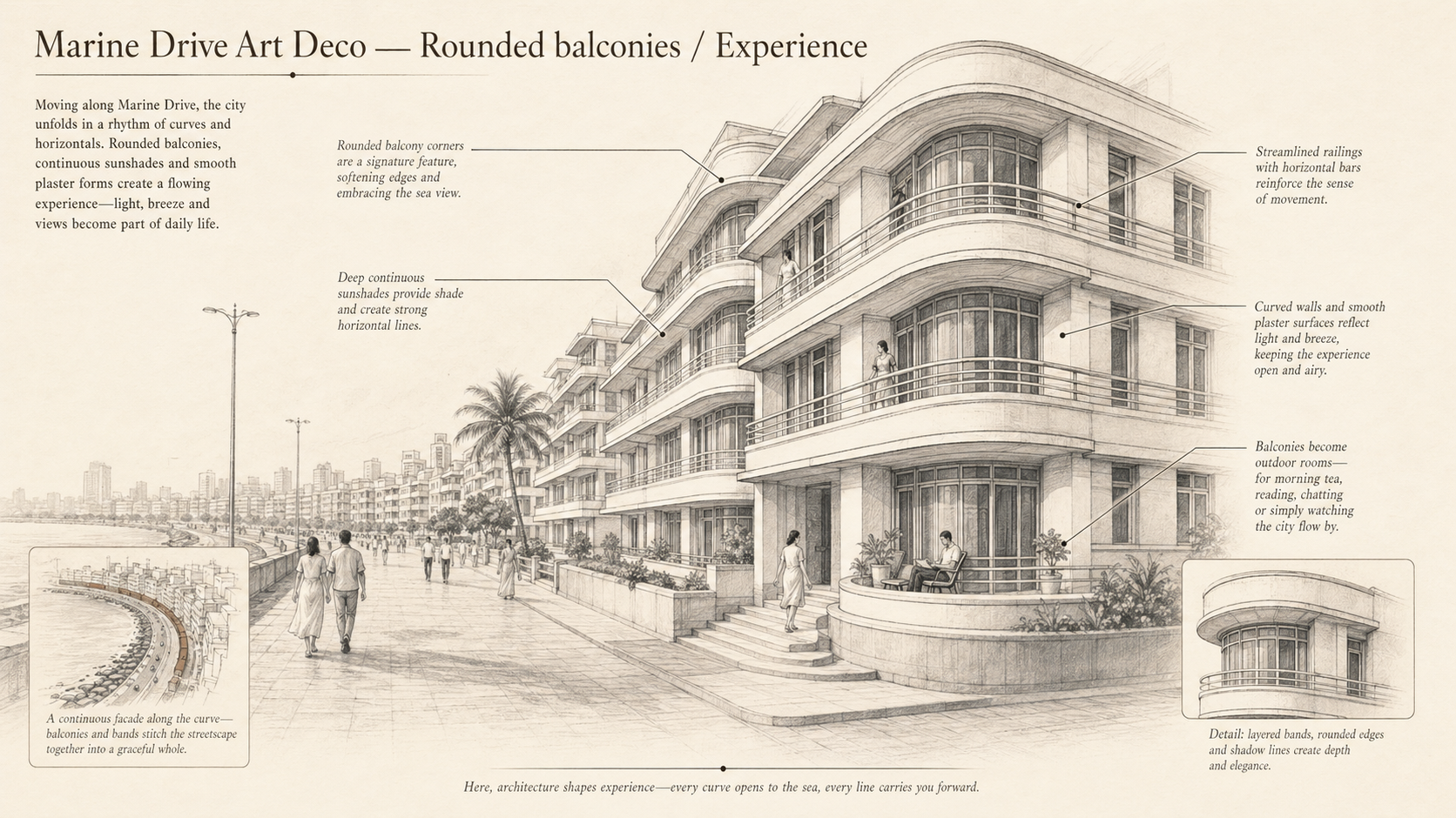 Marine Drive Art Deco deep diagram plate: Rounded balconies / Experience.