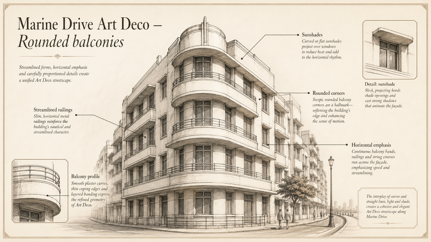 Marine Drive Art Deco deep diagram plate: Rounded balconies.