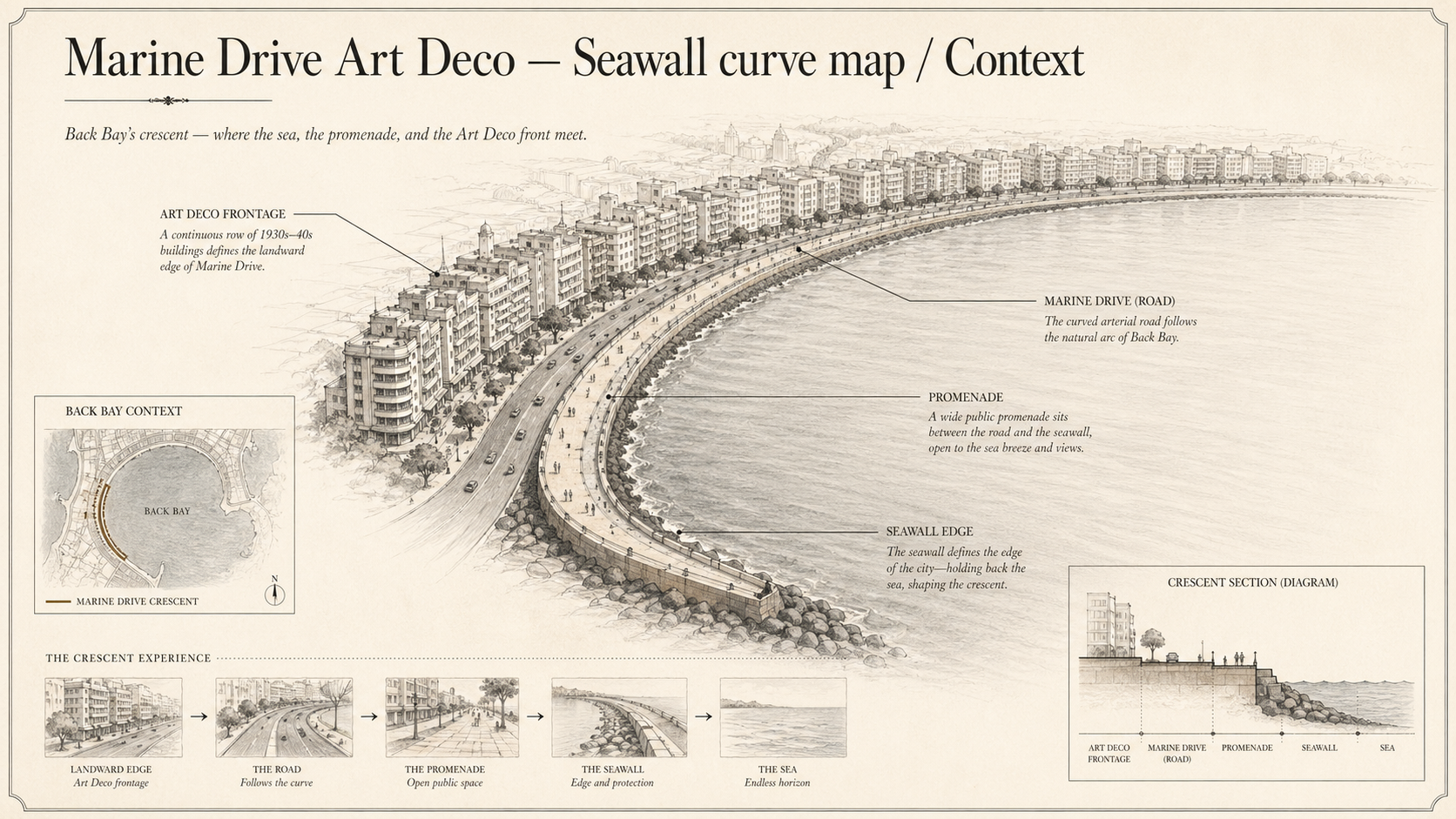Marine Drive Art Deco deep diagram plate: Seawall curve map / Context.
