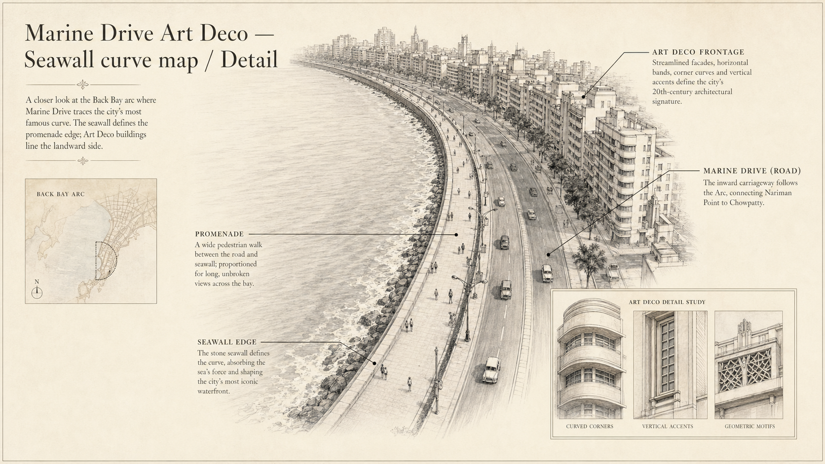 Marine Drive Art Deco deep diagram plate: Seawall curve map / Detail.