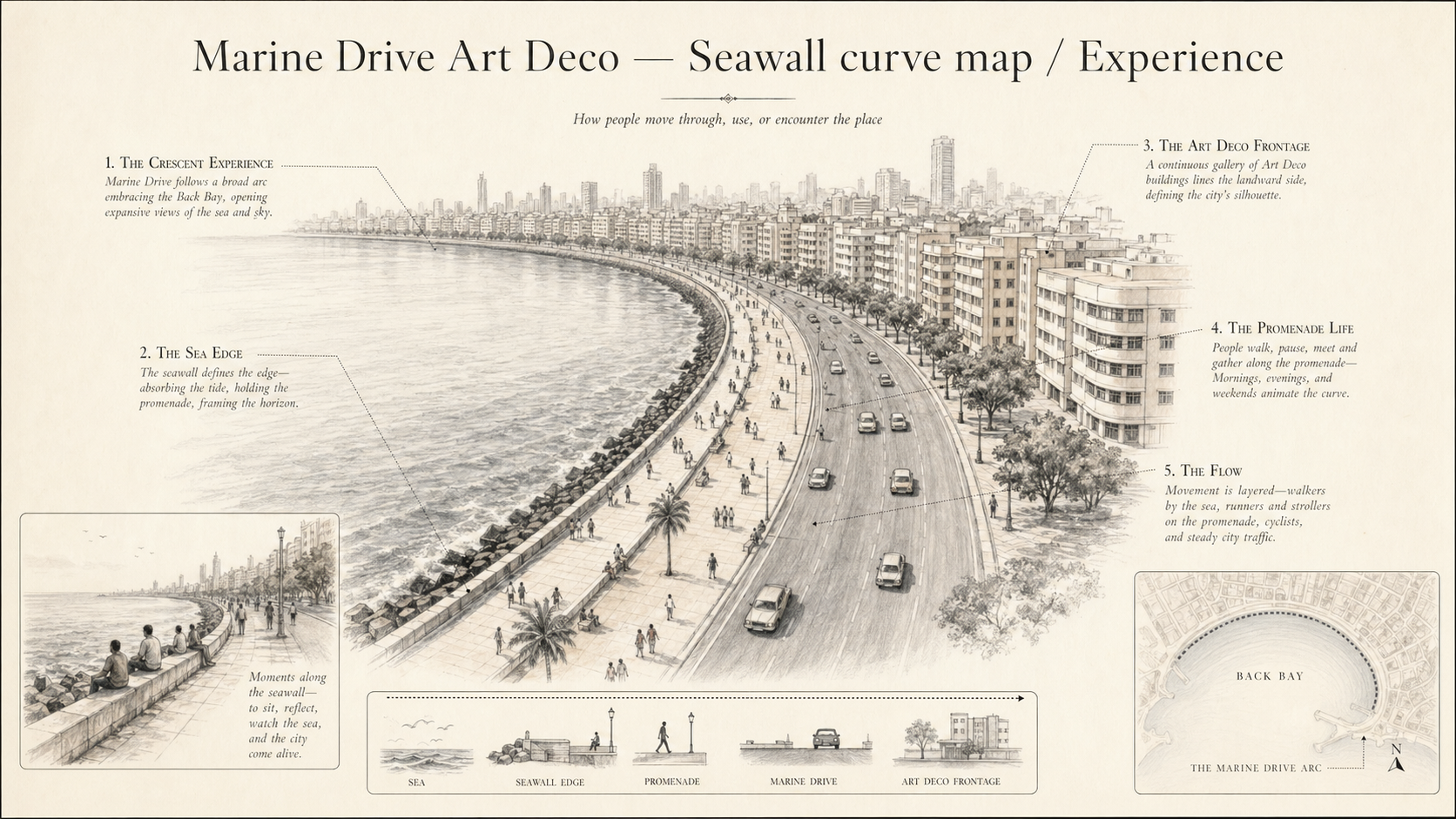 Marine Drive Art Deco deep diagram plate: Seawall curve map / Experience.