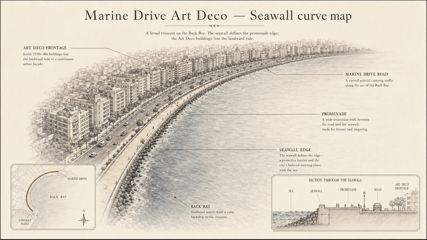 Marine Drive Art Deco deep diagram plate: Seawall curve map.