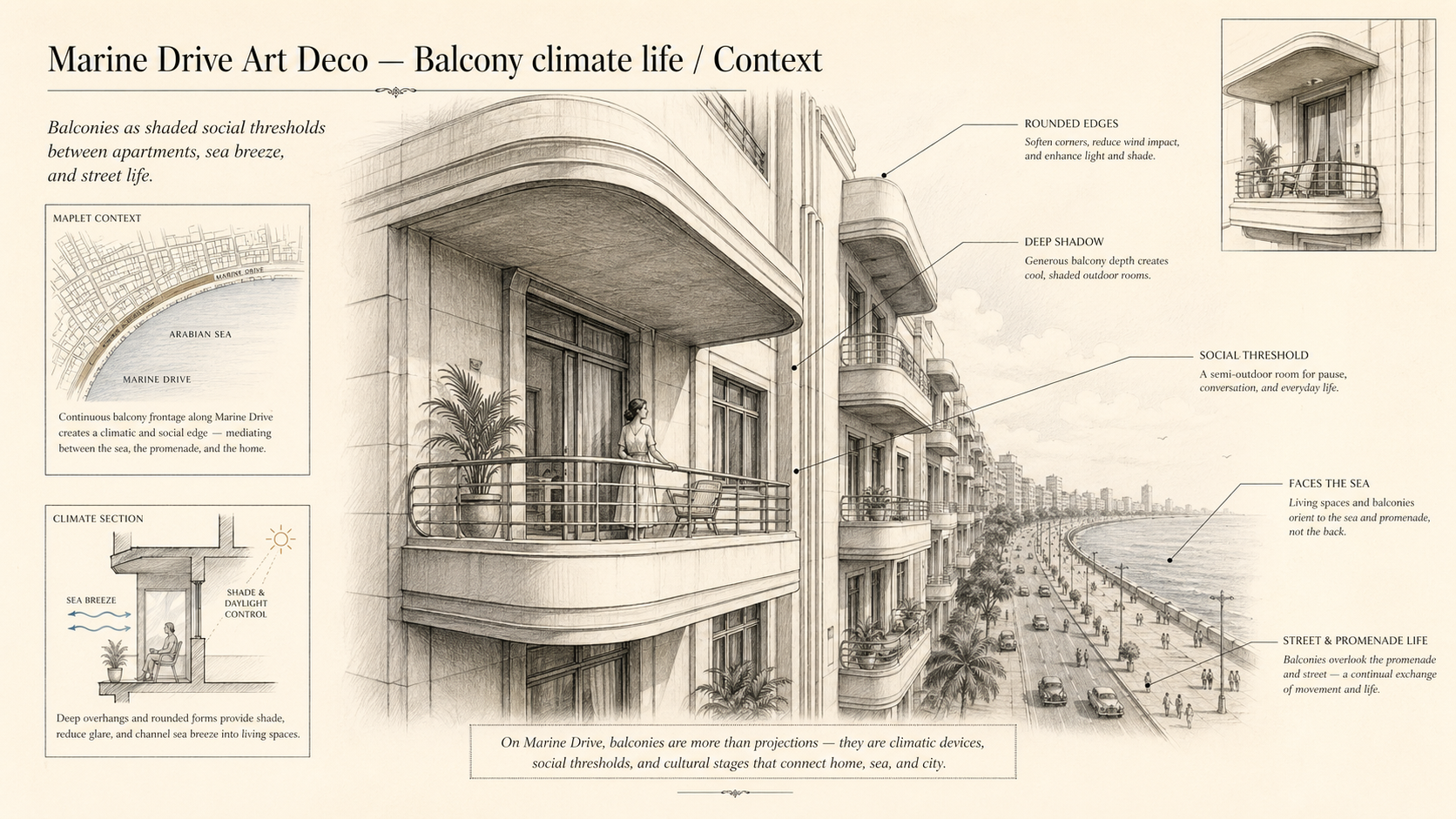 Marine Drive Art Deco deep diagram plate: Balcony climate life / Context.