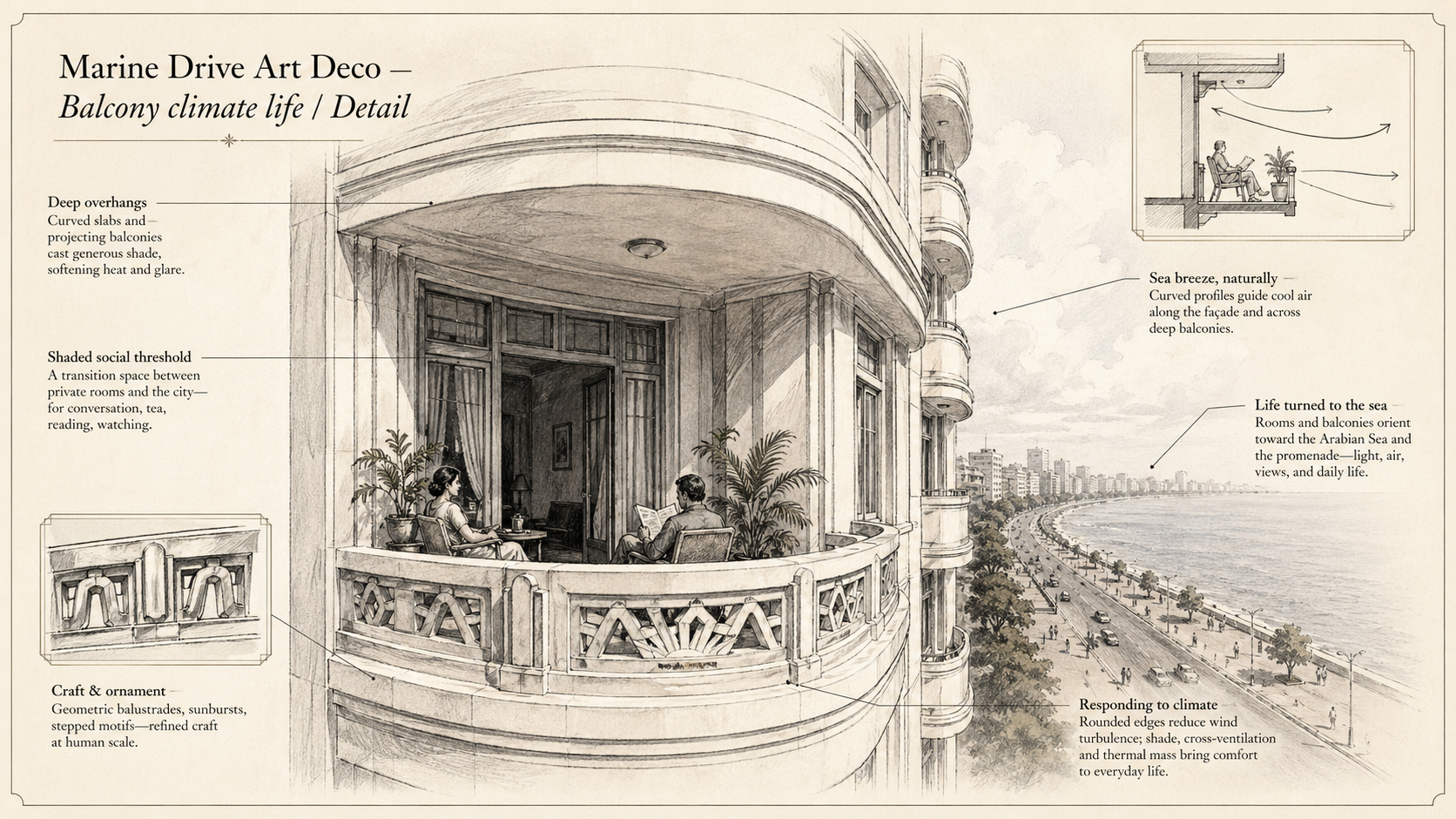 Marine Drive Art Deco deep diagram plate: Balcony climate life / Detail.