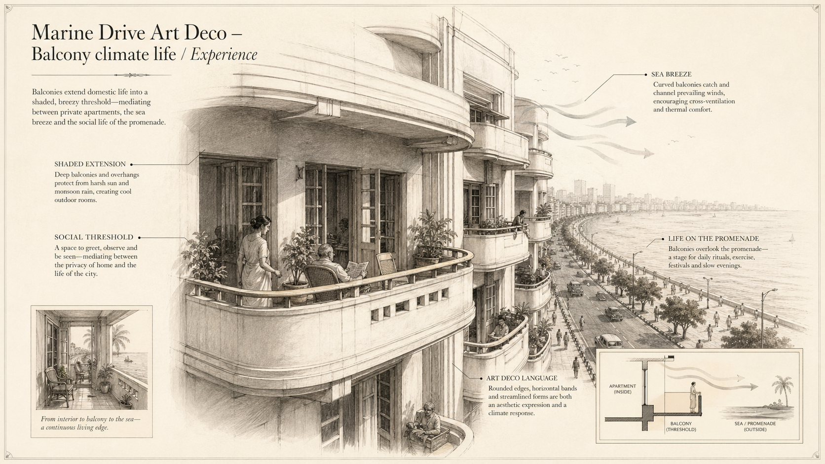 Marine Drive Art Deco deep diagram plate: Balcony climate life / Experience.