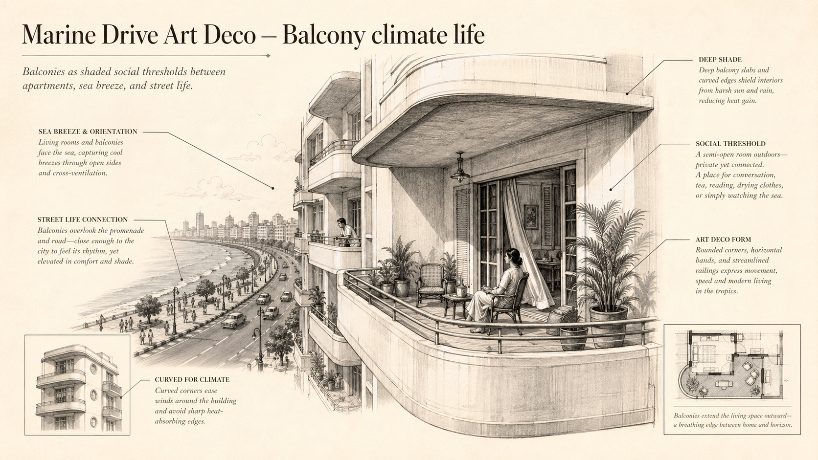 Marine Drive Art Deco deep diagram plate: Balcony climate life.