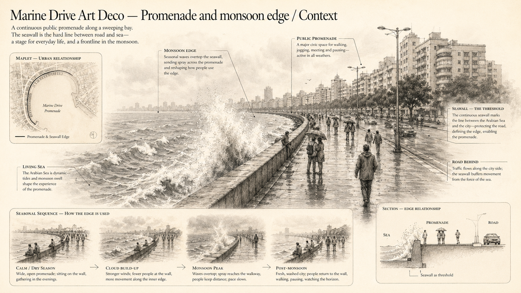Marine Drive Art Deco deep diagram plate: Promenade and monsoon edge / Context.