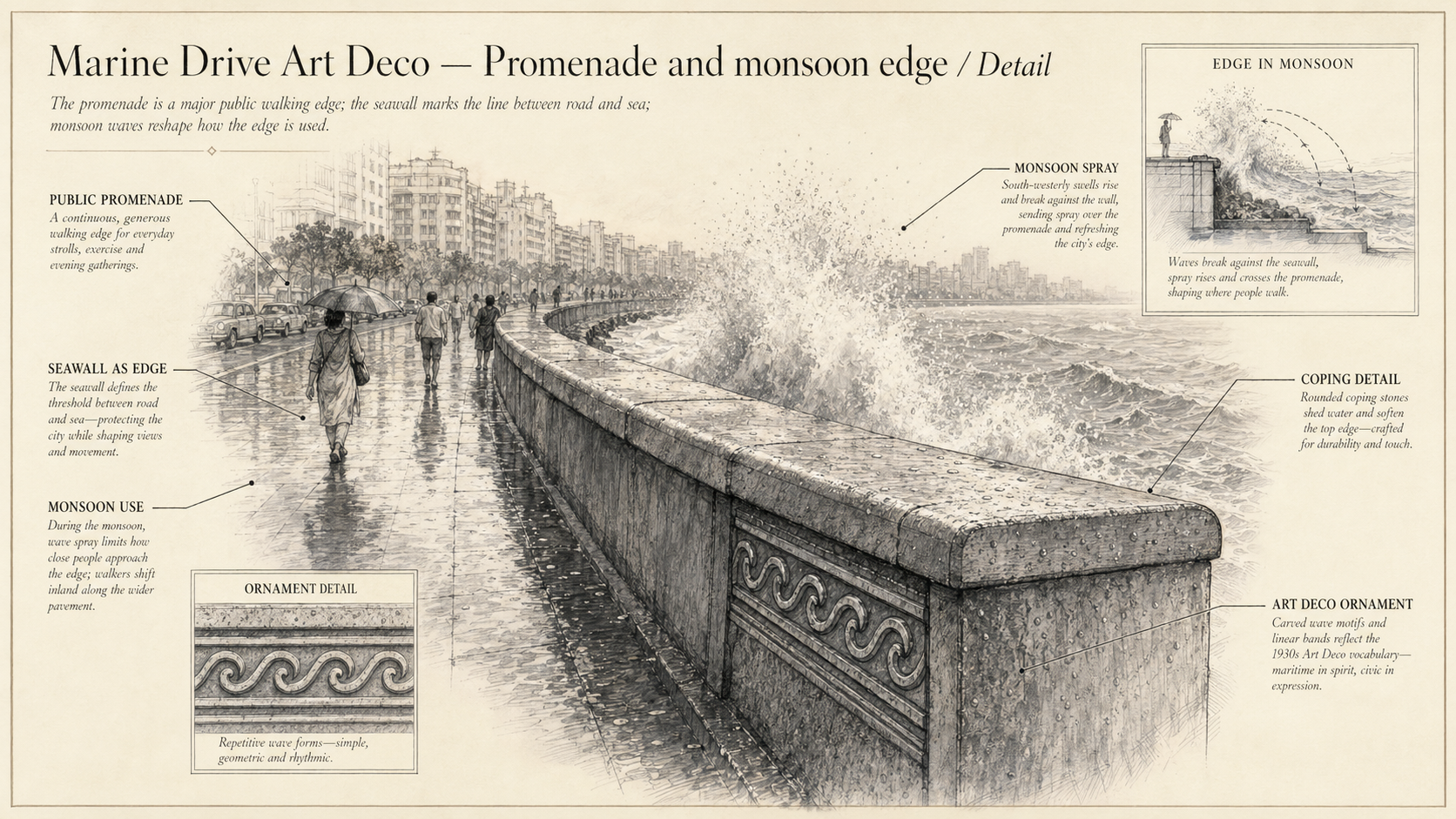 Marine Drive Art Deco deep diagram plate: Promenade and monsoon edge / Detail.
