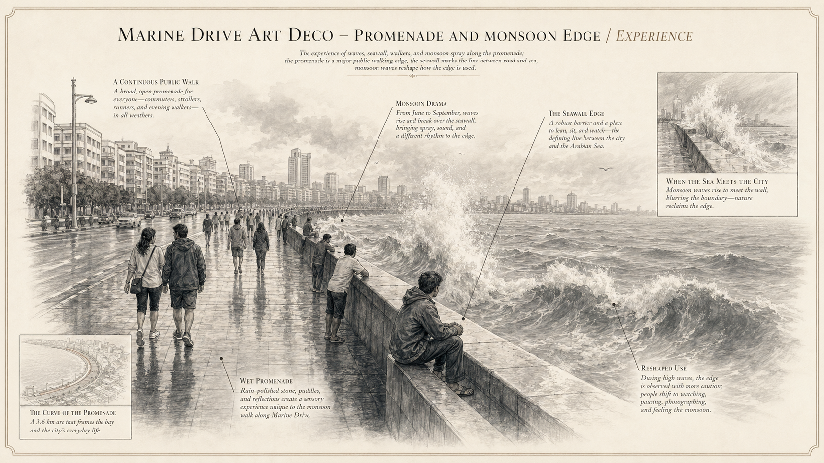 Marine Drive Art Deco deep diagram plate: Promenade and monsoon edge / Experience.