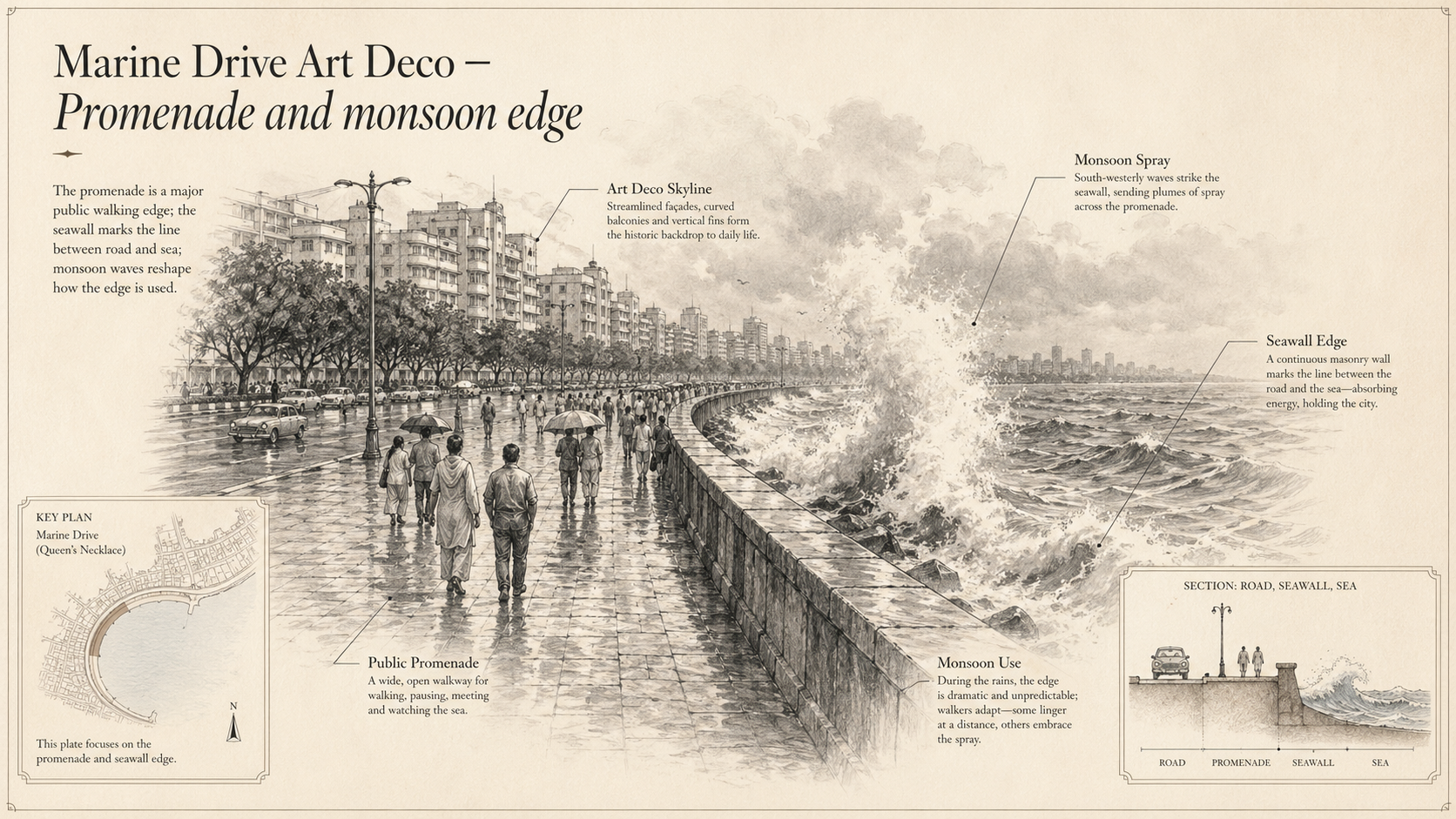 Marine Drive Art Deco deep diagram plate: Promenade and monsoon edge.