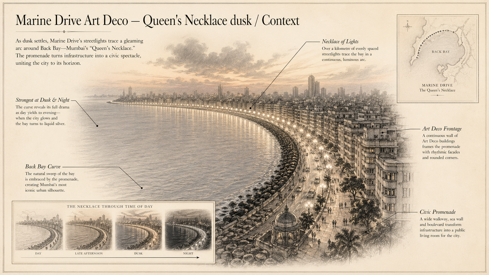 Marine Drive Art Deco deep diagram plate: Queen's Necklace dusk / Context.