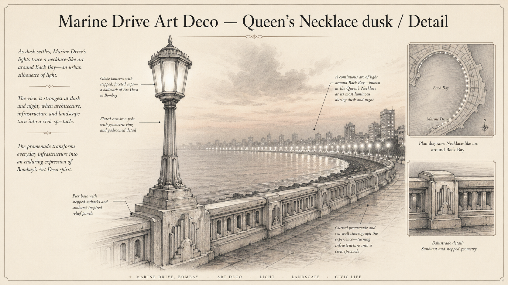 Marine Drive Art Deco deep diagram plate: Queen's Necklace dusk / Detail.