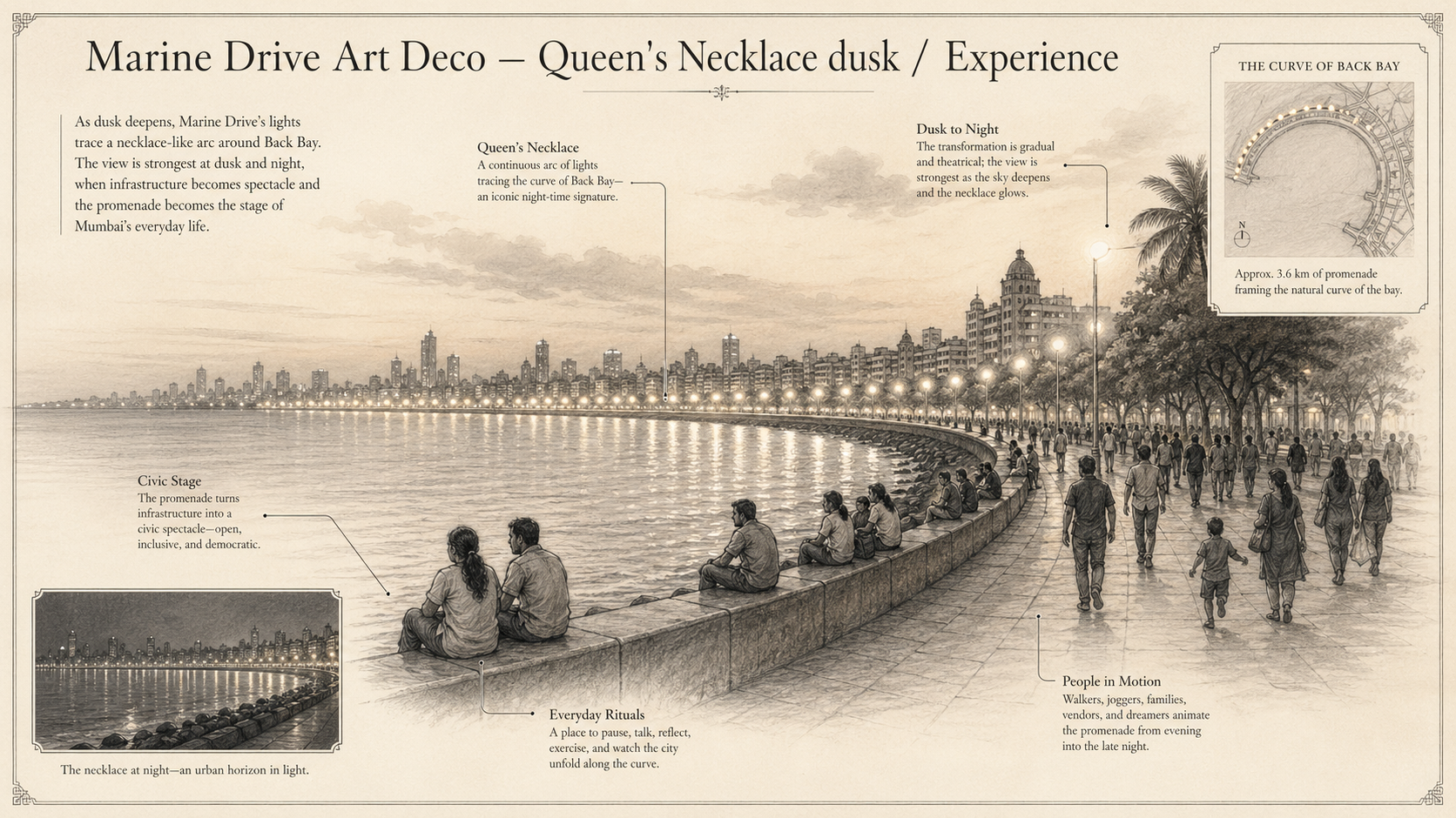 Marine Drive Art Deco deep diagram plate: Queen's Necklace dusk / Experience.