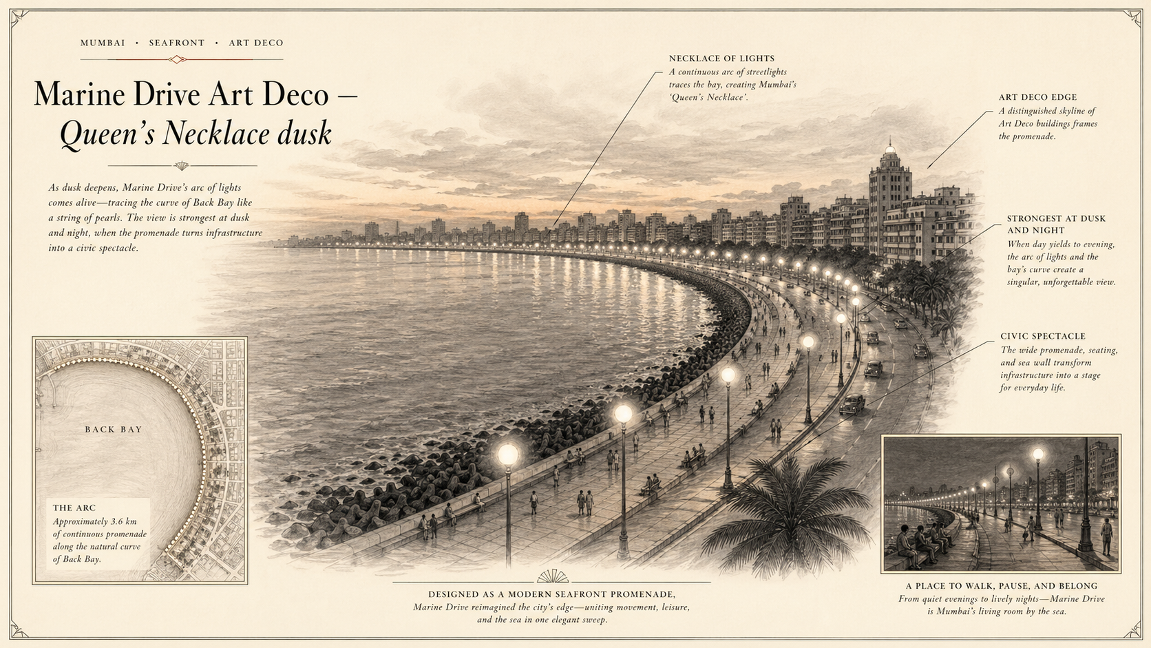 Marine Drive Art Deco deep diagram plate: Queen's Necklace dusk.