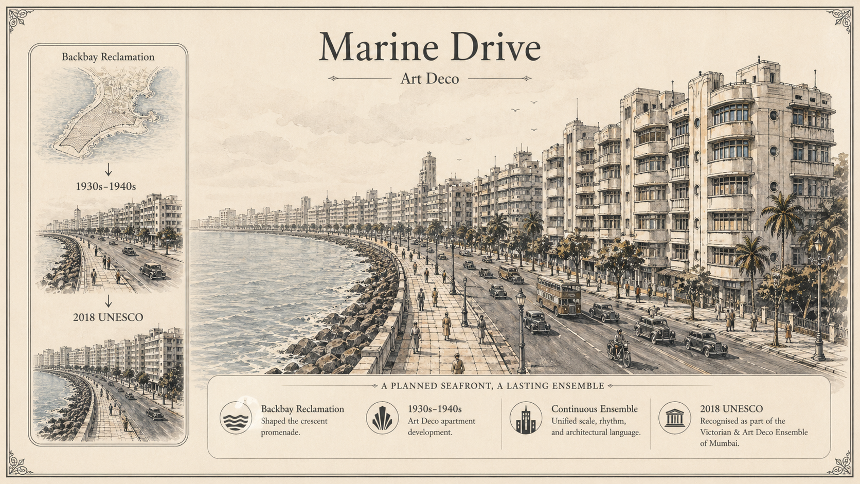 Annotated history diagram plate for Marine Drive Art Deco with labeled callouts, mini insets, and route hotspots.