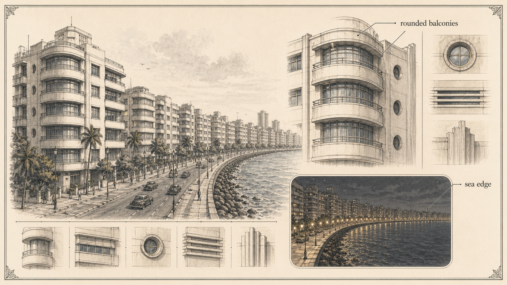 Annotated media diagram plate for Marine Drive Art Deco with labeled callouts, mini insets, and route hotspots.